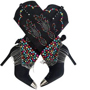 Gianni Bini Kaitrin Rainbow Rhinestone Boot Size 9 Fringe Bandana Over The Knee